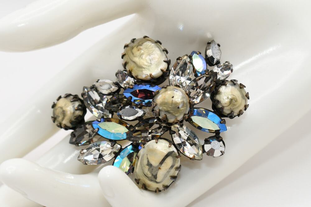 Vintage Regency Jewels Blue AB Rhinestone Cabochon Brooch Signed